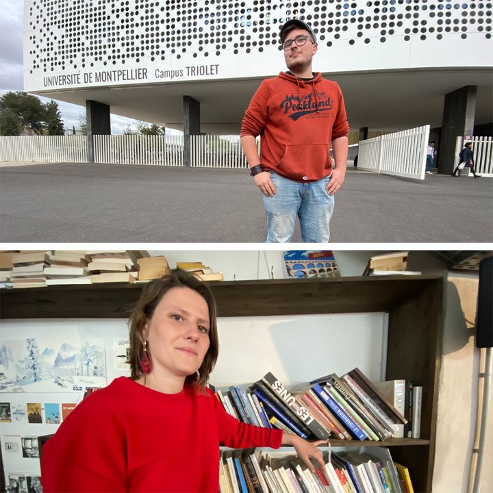 En haut,&nbsp;Esteban, étudiant en informatique à Montpellier (Hérault). En bas,&nbsp;Alenka Doulain,&nbsp;conseillère municipale d'opposition, proche de La France insoumise. (RAPHAEL GODET / FRANCEINFO)