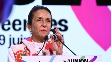 Huguette Bello, présidente de la Réunion, lors d'un meeting pour les élections européennes, à Villepinte, le 16 mars 2024. (BERTRAND GUAY / AFP)