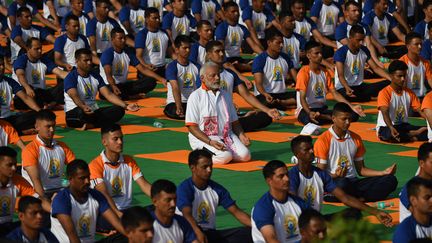 Le Premier ministre Norenda Modi (au centre) en pleine séance de Yoga à Dehradun (Inde). (PRAKASH SINGH / AFP)