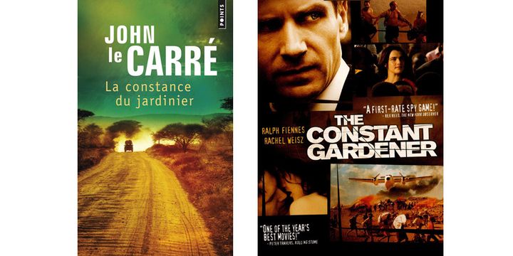 La couverture du roman de John Le Carré "La constance du jardinier" et l'affiche du film adapté de ce livre, "The Constant gardener" avec Ralph Fiennes. (JOHN LE CARRE)