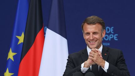 Emmanuel Macron à Dresde lors d'une visite d'État en Allemagne, le 27 mai 2024. (RONNY HARTMANN / AFP)