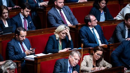 Marine Le Pen lors d'une séance de questions à l'Assemblée, le 23 mai 2023, à Paris. (XOSE BOUZAS / HANS LUCAS / AFP)