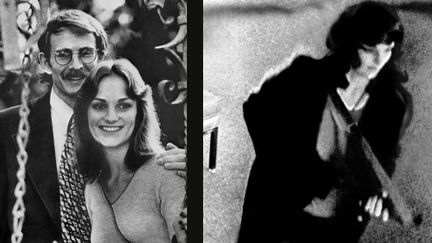 Patricia Hearst, petite fille du magnat américain de la presse Randolph Hearst, posant avec son fiancé Steven Wreed à San Francisco avant son enlèvement en 1974. Puis filmée par des caméras de surveillance lors du braquage d'une banque en avril 1974, en compagnie de ses ravisseurs.
 (AFP)