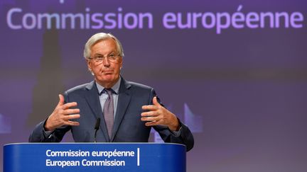 Michel Barnier, le 24 avril 2020, à Bruxelles.&nbsp; (OLIVIER MATTHYS / AFP)