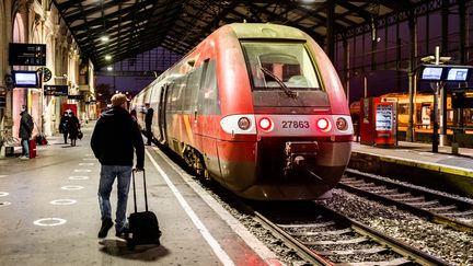 Un train en gare de Narbonne (Aude), le 25 février 2021. (JC MILHET / HANS LUCAS / AFP)