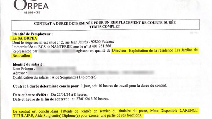 Extrait d'un contrat de travail Orpea à durée déterminée "en attente du titulaire du poste" nommée Mme Disponible Carence Titulaire, janvier 2024. (CELLULE INVESTIGATION DE RADIO FRANCE)