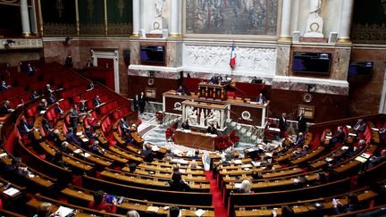 L'hémicycle de l'Assemblée nationale lors d'une séance de questions au gouvernement, le 12 mai 2020 à Paris.&nbsp; (GONZALO FUENTES / AFP)