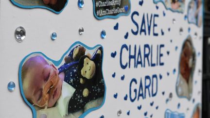 Une pancarte d'un manifestant appelant à "sauver Charlie Gard", un bébé britannique de 11 mois atteint d'une maladie rare, le 24 juillet à Londres (Royaume-Uni). (CHRIS J RATCLIFFE / AFP)