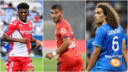 Aurélien Tchouameni (Monaco), Houssem Aouar (Lyon) et Mattéo Guendouzi (Marseille) entrent en lice en Ligue Europa le 15 septembre 2021. (AFP)