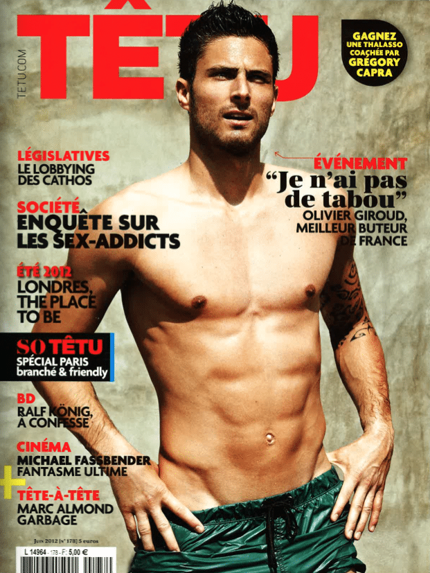 Olivier Giroud, premier footballeur &agrave; faire la une du magazine gay, pour le num&eacute;ro de juin 2012. (TÊTU)