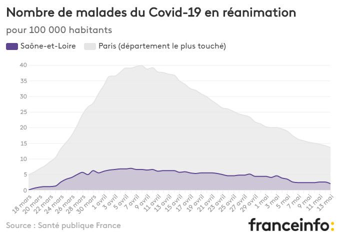 Nombre de malades du Covid-19 en réanimation pour 100 000 habitants. (FRANCEINFO)