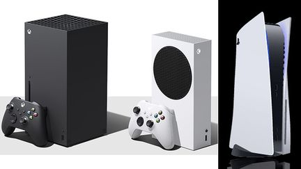 Les quatre nouvelles consoles de cinquième génération. de gauche à droite, la Xbox Series X, la Xbox Series S, la Playstation 5 et la Playstation Digital Edition. (MICROSOFT / SONY)