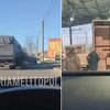 A&nbsp;gauche, un convoi de camions-bennes probablement remplis de céréales se déplacent vers le Sud dans la ville de Melitopol (Ukraine). A droite, un camion rempli de fruits et légumes au checkpoint de Dzhankoy, en Crimée. (Telegram/RIA Melitopol et russ_orientalist)