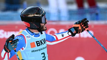 Cyprien Sarrazin a survolé le Super-G de Wengen, sa deuxième victoire cette saison, le 12 janvier 2024. (MARCO BERTORELLO / AFP)