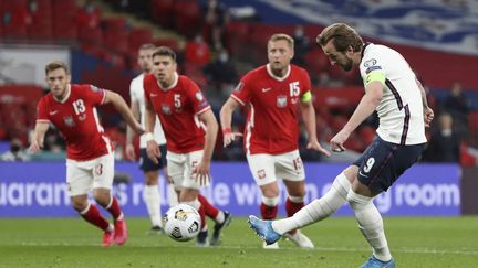 L'attaquant anglais, Harry Kane a ouvert le score sur pénalty face à la Pologne, mercredi 31 mars 2021.  (CATHERINE IVILL / POOL)