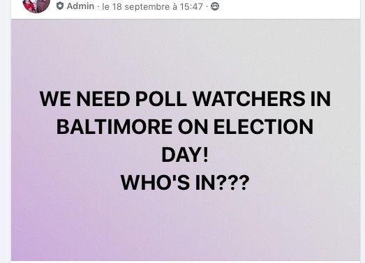 Un groupe de soutien à Donald Trump recherche des volontaires pour surveiller les bureaux de vote à Baltimore (Maryland), le jour de l'élection américaine, le 3 novembre 2020. (FACEBOOK)