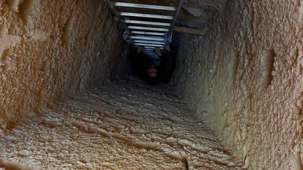 Pour contempler les momies, il faut emprunter une fine échelle et descendre un tunnel en pierre étroit de neuf mètres. En bas,&nbsp;une vaste pièce donne accès à plusieurs chambres minuscules. (AMR DALSH / REUTERS)