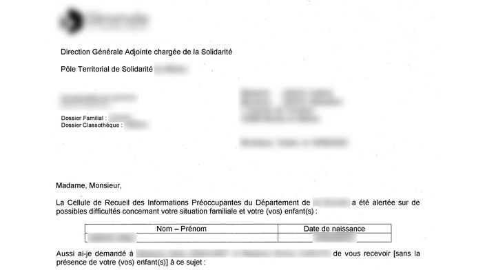 Courrier notifiant les parents de Marie de l’ouverture d’une information préoccupante à leur encontre. (-)