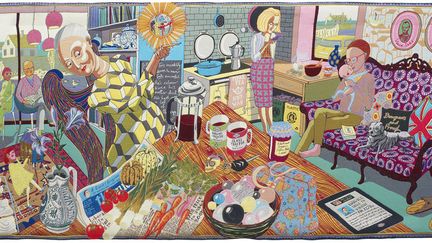 Entre dérision et sérieux, couleurs kitsch et goût britannique "discret", Grayson Perry, artiste réjouissant à l'humour grinçant, aime porter des robes et parler de l'identité, de la société britannique et de la masculinité. Il expose pour la première fois à Paris ses vases, ses tapisseries, ses sculptures. A découvrir à La Monnaie de Paris. Jusqu'au 3 février 2019. Ici, Grayson Perry, "The Annunciation of the Virgin Deal", 2012, tapisserie
 (Grayson Perry. Courtesy the artist and Victoria Miro, London / Venice)