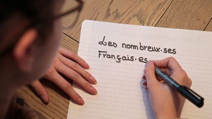 Une personne écrit une phrase en écriture inclusive.&nbsp; (MAXPPP)