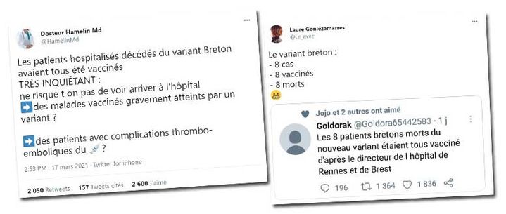 Capture écran de deux messages sur twitter très diffusés sur la fausse vaccination des patients.&nbsp; (CAPTURE ECRAN TWITTER)