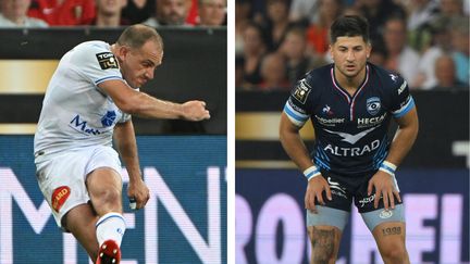 Benjamin Urdapilleta (Castres) et Gela Aprasidze (Montpellier) lors des demi-finales de Top 14, les 17 et 18 juin 2022. (CHRISTOPHE SIMON ET NICOLAS TUCAT / AFP)