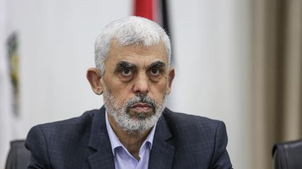 Yahya Sinouar attends a meeting in Gaza City on April 13, 2022. (ALI JADALLAH / ANADOLU AGENCY / AFP)