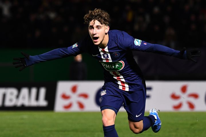 Adil Aouchiche, buteur en Coupe de France avec le PSG face à Linas-Montlhery (ANNE-CHRISTINE POUJOULAT / AFP)