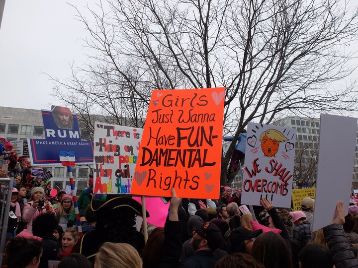 Pendant la "Marche des femmes"contre Donald Trump, à Washington DC, samedi 21 janvier 2017. (MARIE-ADELAIDE SCIGACZ / FRANCEINFO)