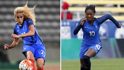 Kheira Hamraoui (à gauche) et Aminata Diallo (à droite), lors d'un match de l'équipe de France de football, le 10 novembre 2021.&nbsp; (FRANCK FIFE / AFP)