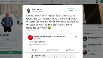 Capture d'écran du compte Twitter du présentateur de la BBC Nick Conrad, homonyme de l'auteur du clip "Pendez les Blancs". (NICK CONRAD / TWITTER)