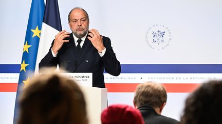 Le ministre de la Justice, Eric Dupond-Moretti, lors d'une conférence de presse à l'Elysée (Paris), le 3 mai 2023. (BERTRAND GUAY / AFP)