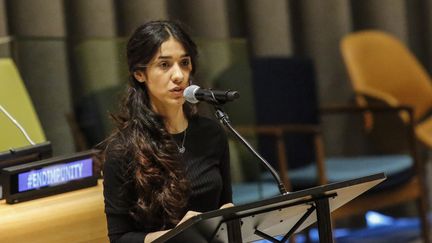 L'activiste yézidie Nadia Murad à la tribune des Nations unies à New York, le 9 mars 2017. (KENA BETANCUR / AFP)