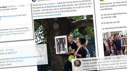 Plusieurs tweets s'indignent du choix du&nbsp;maire LR de Vienne, Thierry Kovacs, de prêter le portrait d'Emmanuel Macron à des "gilets jaunes" pour manifester, le 21 septembre 2019. (STEPHANIE BERLU / RADIO FRANCE)