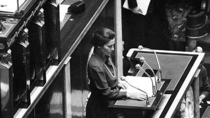 La ministre de la Santé, Simone Veil, délivre un discours défendant sa loi sur la dépénalisation de l'avortement, le 26 novembre 1974 à l'Assemblée nationale, à Paris.&nbsp; (AFP)