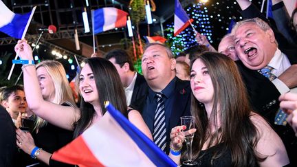 Les militants du Rassemblement national célèbrent l'arrivée en tête de leur parti aux élections européennes, le 26 mai à Paris. (BERTRAND GUAY / AFP)