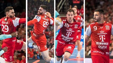 Nedim Remili, Ludovic Fabregas, Kentin Mahé et Hugo Descat sous le maillot du Telekom Veszprém. (MAXPPP et Telekom Veszprém (Peka Roland))