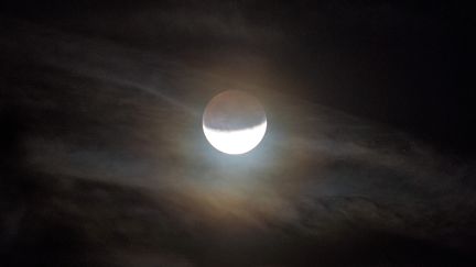 La lune photographiée pendant l'éclipse partielle du mardi 16 juillet 2019, à Lavau-sur-Loire, en Loire-Atlantique.&nbsp; (LOIC VENANCE / AFP)