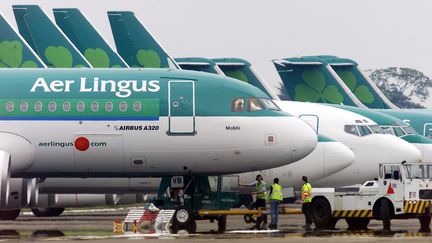 Un avion d'Aer Lingus &agrave; l'a&eacute;roport de Dublin (Irlande), le 2 juin 2002.&nbsp; (PAUL MCERLANE / REUTERS)