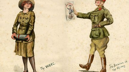 En janvier 1917, le gouvernement de Sa Majesté annonce la création d'un nouveau service de volontaires adressé aux femmes : le «Women's Auxiliary Army Corps» (WAAC). Sur l'aquarelle, JM montre la recrue tenant dans ses mains un obus destiné à «Fritz», le nom populaire donné à l'ennemi allemand. A droite, un galonné britannique, baptisé le «cerveau de l'armée» par JM, semble avoir d'autres préoccupations (Montage de deux dessins). (JM&#039;s WWI Sketchbooks, 1917-1918 - University of Victoria Libraries’ Special Collections, World War I Sketchbooks, SC325, Acc. No.: 1997-012)