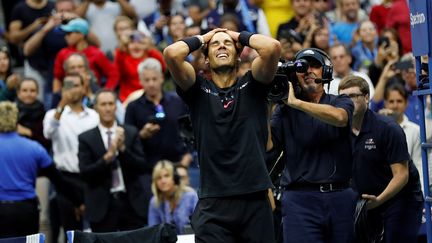 Nadal is back. Après deux années compliquées, hachées par les blessures, l'Espagnol remporte son troisième US Open en disposant de la surprise Kevin Anderson en finale (6-3, 6-3, 6-4), son second Grand Chelem de l'année. (MOHAMMED ELSHAMY / AFP)