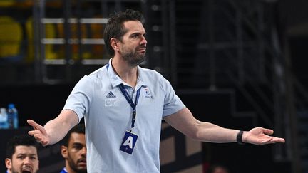 Le sélectionneur de l'équipe de France, Guillaume Gille, lors d'un match face à l'Islande, le 22 janvier 2021, au Mondial en Egypte.&nbsp; (ANNE-CHRISTINE POUJOULAT / AFP)