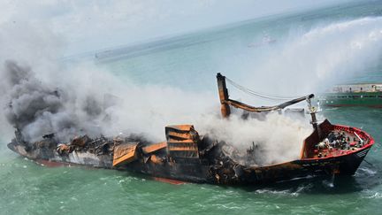 Le "MV X-Press Pearl", porte-conteneurs immatriculé à Singapour, pris en photo par les forces aériennes sri-lankaises, le 29 mai 2021. (ARMEE DE L'AIR DU SRI LANKA)