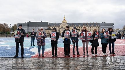 Des participants à la marche contre l'antisémitisme brandissent des portraits d'otages du Hamas, le 12 novembre 2023, à Paris. (LAURE BOYER / HANS LUCAS / AFP)