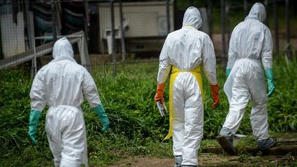 Des volontaires v&ecirc;tus de combinaisons sp&eacute;ciales pour transporter des des corps de victimes d'Ebola, &agrave;&nbsp;Kenema, en Sierra Leone, le 24 ao&ucirc;t 2014. (MOHAMMED ELSHAMY / ANADOLU AGENCY / AFP)