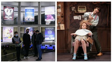 Une salle de cinéma parisienne et une représentation de la pièce "Le Petit Coiffeur" de Jean-Philippe Daguerre. (QUENTIN DE GROEVE AFP / PASCAL ZELCER / FABIENNE RAPPENEAU)