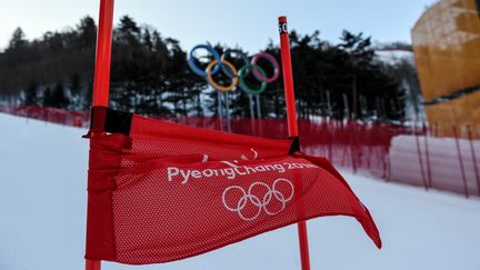 Une porte en plein vent sur la piste du slalom géant dames,&nbsp;à&nbsp;Jeongseon, à l'occasion des Jeux olympiques de Pyeongchang, le 12 février 2018. (MARTIN BERNETTI / AFP)