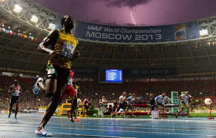 Usain Bolt&nbsp;aux championnats du monde d'athl&eacute;tisme de Moscou, le 11 ao&ucirc;t 2013. (OLIVIER MORIN / AFP)