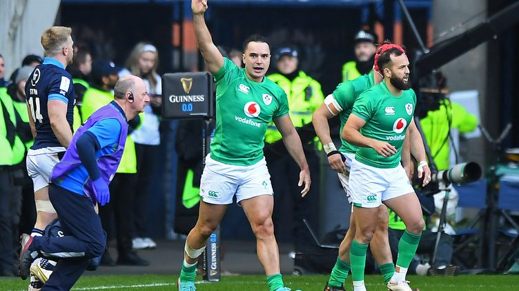 The joy of Irish winger James Lowe, after scoring a try at Murrayfield, during the Scotland-Ireland Six Nations Tournament match, March 12, 2023. (ANDY BUCHANAN / AFP)