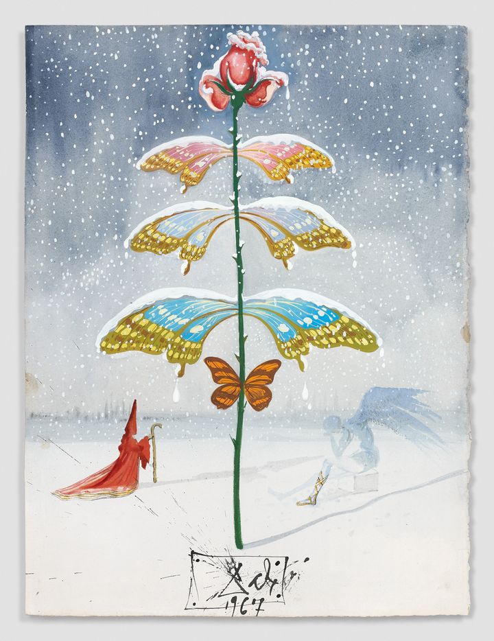 SALVADOR DALI Rose et papillons sous la neige (Mariposas)- 1967 (STUDIO SEBERT)